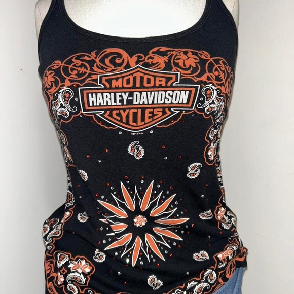 Harley Davidson Tops - Harley-Davidson Women's Black Tank Top Bandana Paisley Bling Y2K Biker